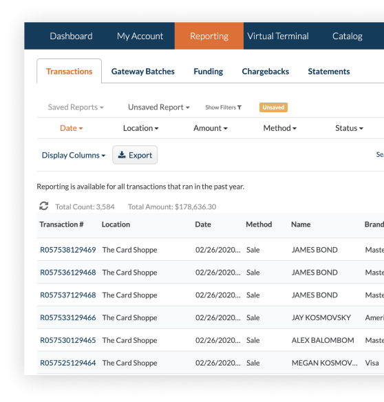 CardPointe merchant dashboard after login — transaction management and reporting tools